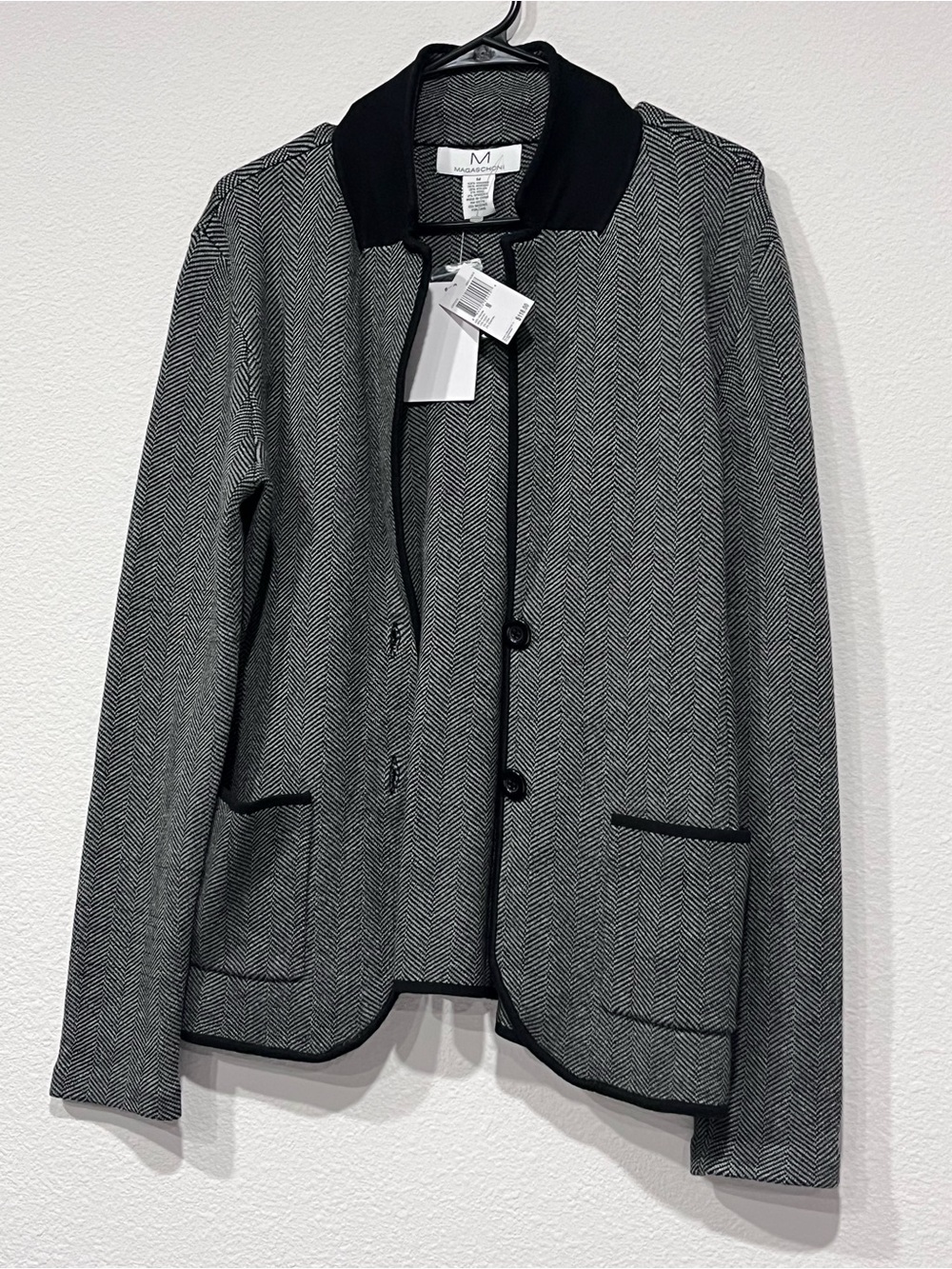 NWT Magaschoni Herringbone Knit Blazer Jacket Gray Black Size M
